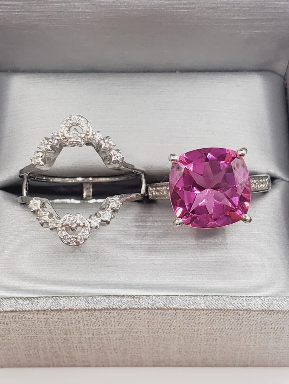 Cushion Pink Quartz & White Zircon Halo Bridal Wedding Ring Set Platinum - 925